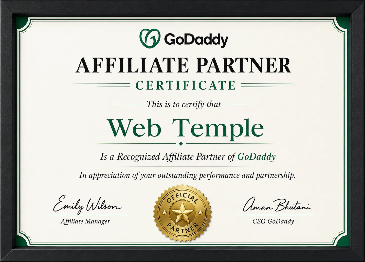 Web Temple GoDaddy affiliate partner certificate