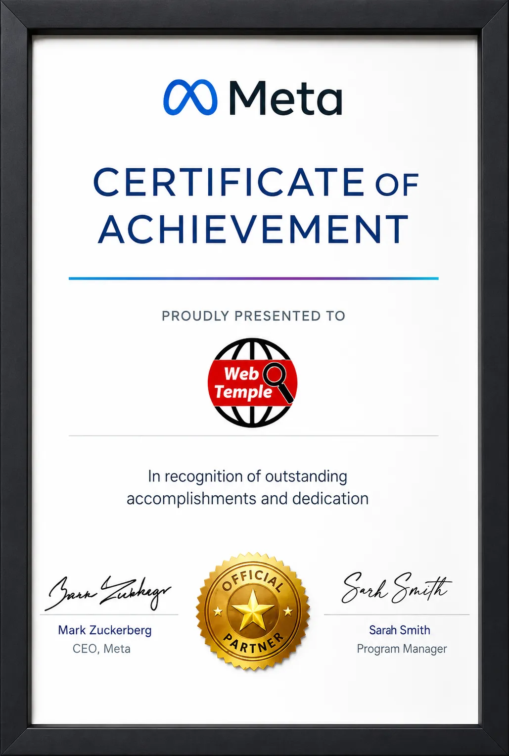 Web Temple Meta certificate of achievement